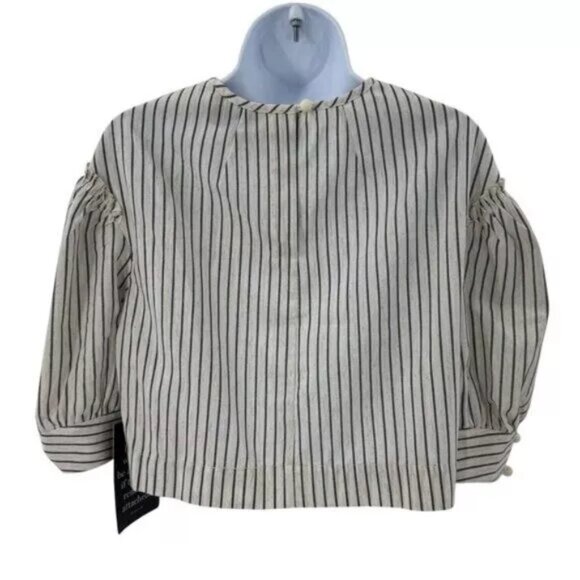 Tuckernuck NEW 100% Linen Stripe Edie Puff Sleeve Chic Cropped Blouse Top Sz XS - Picture 6 of 9